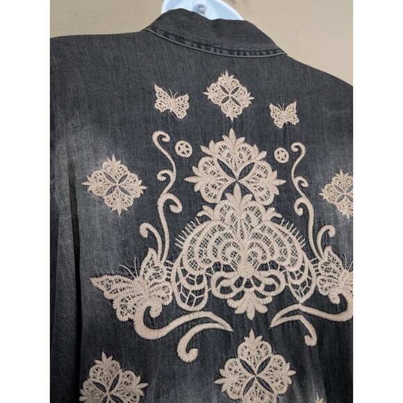 Johnny Was Nichelle Embroidered Black Denim Button-Down Blouse Shirt, Small - Picture 6 of 8